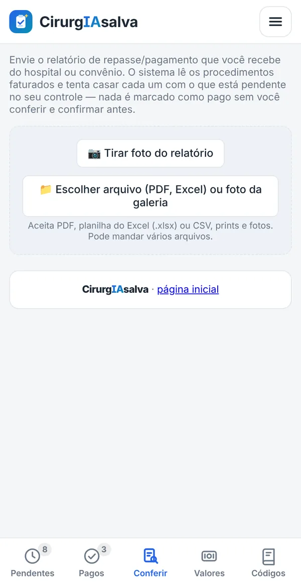 Aba Conferir, com os botões para fotografar o relatório ou escolher um arquivo