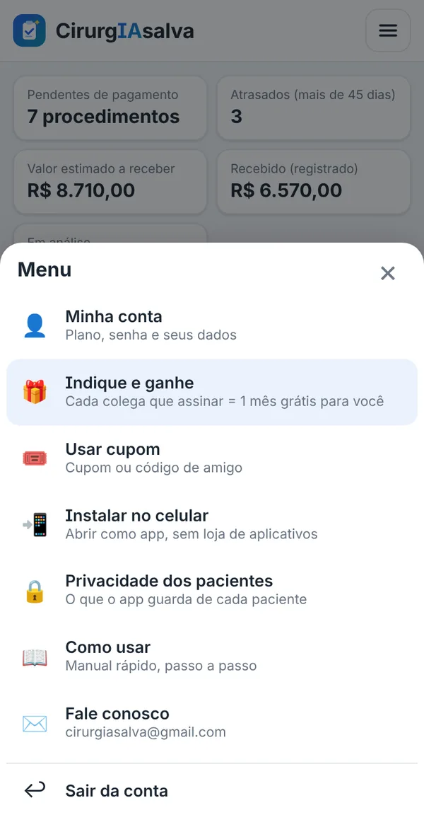 Menu do app com Minha conta, Privacidade, Como usar e Fale conosco